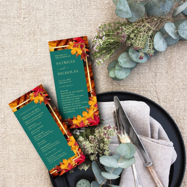 A Teal & Fall Fantasy Gold Rustic Reverie Wedding Program (Creator Uploaded)