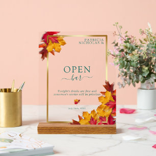 A Teal & Fall Fantasy Gold Rustic Wedding Open Bar Acrylic Sign