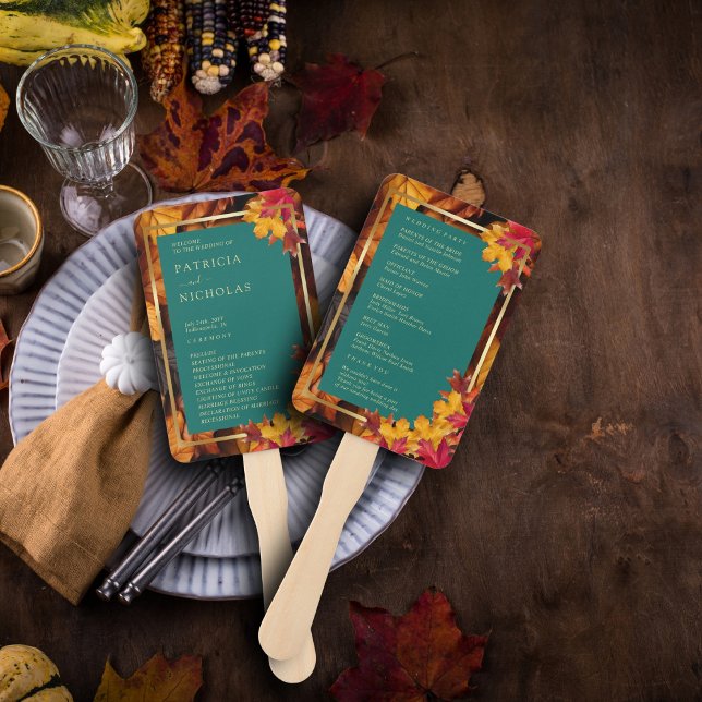 A Teal & Fall Fantasy Gold Rustic Wedding Program Hand Fan (Creator Uploaded)