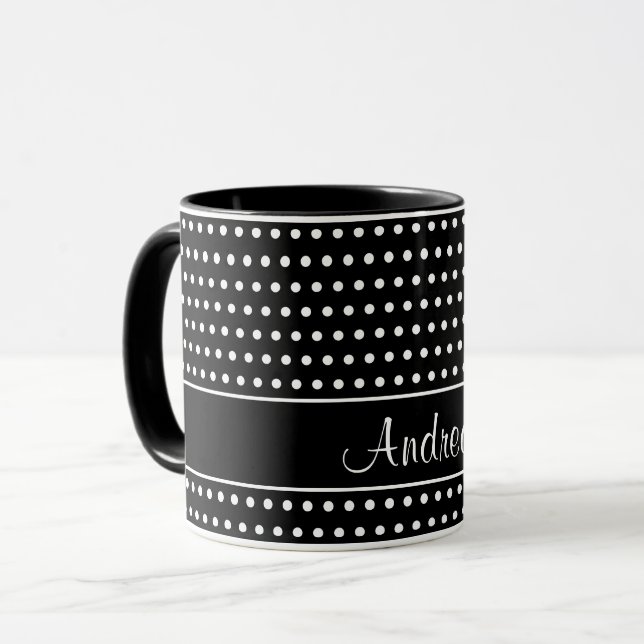 A Template For Your Name, White Dots On Black Mug (Front Left)