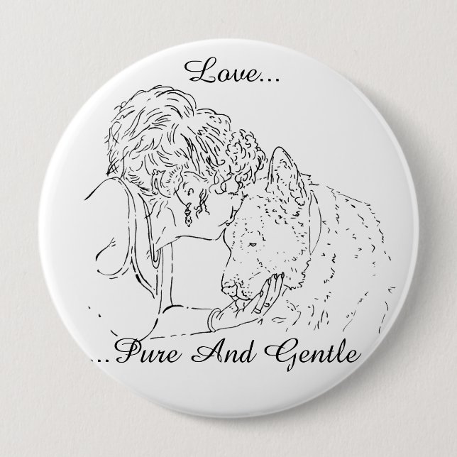A tender loving drawing of girl kissing akita dog 4 inch round button (Front)