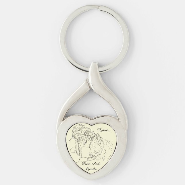A tender loving drawing of girl kissing akita dog keychain (Front)