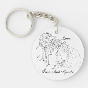 A tender loving drawing of girl kissing akita dog keychain