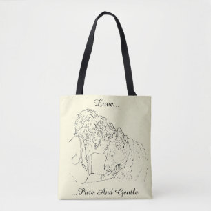 A tender loving drawing of girl kissing akita dog tote bag