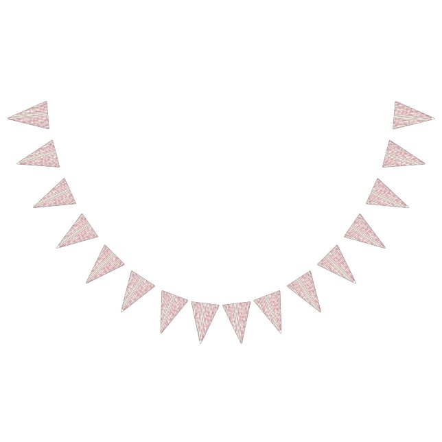 A textile displaying a pattern of pink and white s bunting flags (All)