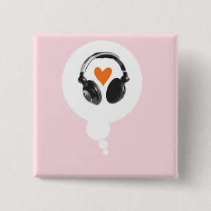 A thought bubble with a heart and headphones 2 inch square button