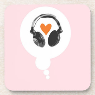 A thought bubble with a heart and headphones coaster