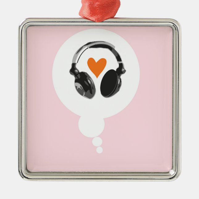 A thought bubble with a heart and headphones metal ornament (Front)