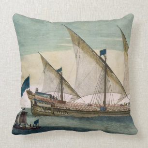 A three-masted Galleass under way by sail, oars sh Throw Pillow