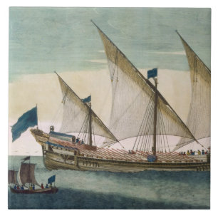 A three-masted Galleass under way by sail, oars sh Tile