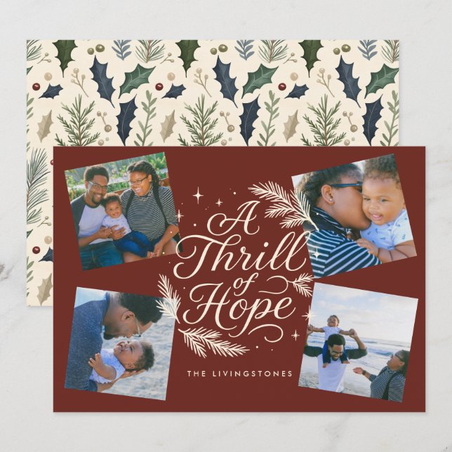 A Thrill of Hope Red Religious 4 Photo Collage Holiday Card (Front/Back)