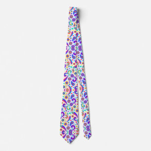 A tie with a vibrant, colorful paisley pattern 