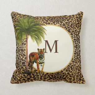 A Tiger  Leopard Pattern Elegant Vintage  Monogram Throw Pillow
