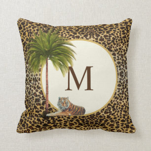 A tiger on a leopard pattern background Monogram Throw Pillow