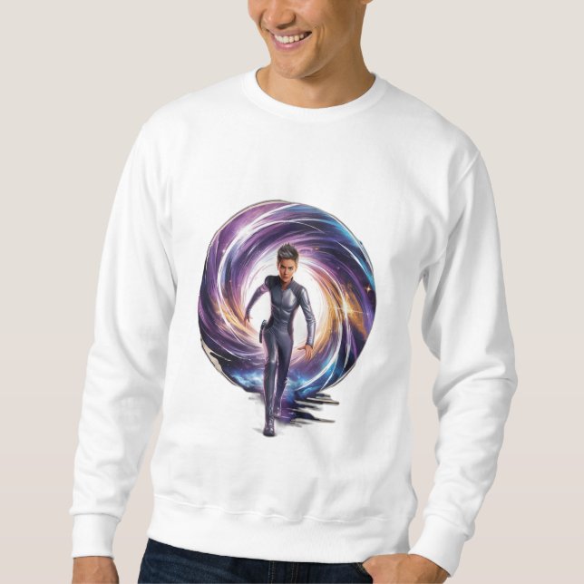 A time traveller stepping through a portal, with s sweatshirt (Front)