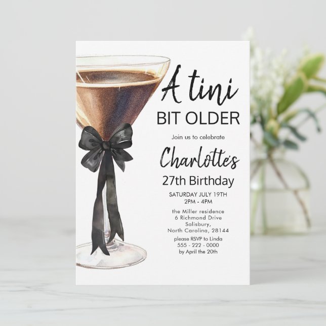 A tini bit older Black Ribbon Martini Birthday Invitation (Standing Front)