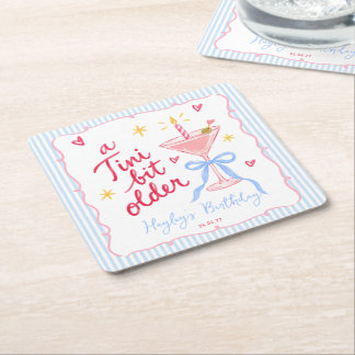 A Tini Bit Older Whimsical Martini Birthday Square Paper Coaster