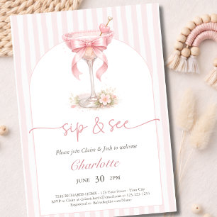 A Tini One Arched Pink Stripes Baby Sip And See  Invitation