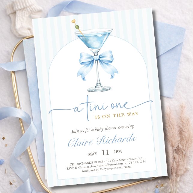 A Tini One Blue Bow Stripes Boy Baby Shower Arched Invitation (Creator Uploaded)