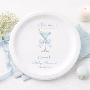 A Tini One Dusty Blue Bow Boy Baby Shower Paper Plate