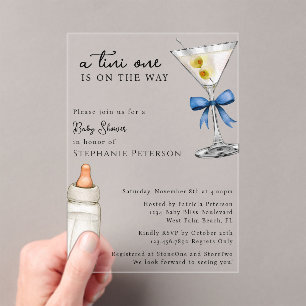 A Tini One Is On The Way Blue Martini Baby Shower Acrylic Invitations