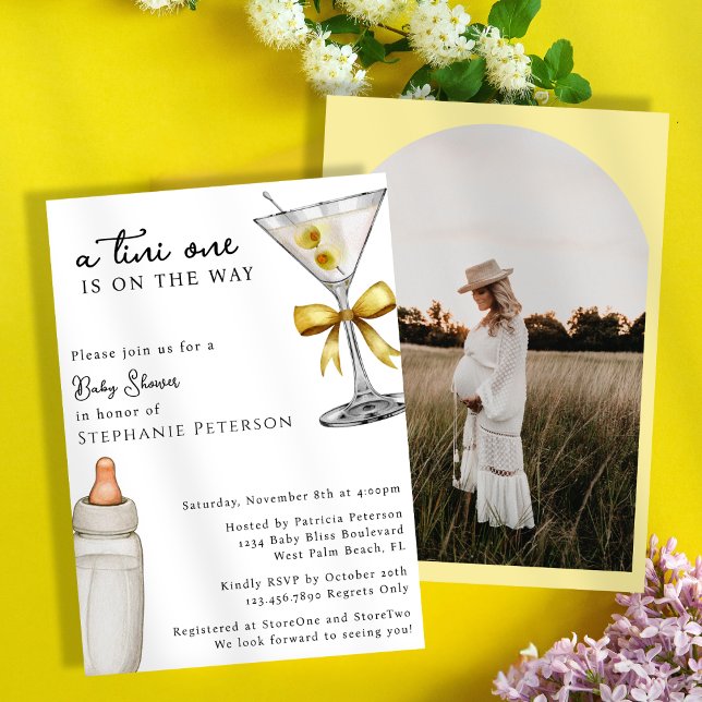 A Tini One Photo Yellow Bow Martini Baby Shower Invitation (Creator Uploaded)
