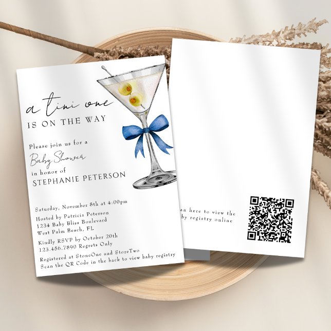 A Tini One Simple QR Code Blue Martini Baby Shower Invitation (Creator Uploaded)