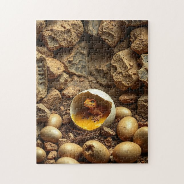 a tiny dinosaur in a nest of eggs jigsaw puzzle (Vertical)