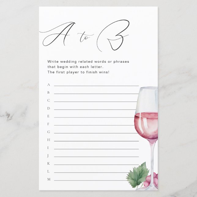 A to Z Vino before Vows Bridal Shower Game (Front)