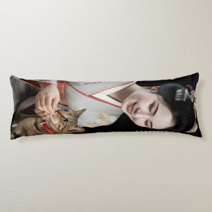 A Tortoiseshell Cat Receiving Treats from a Maiko Body Pillow