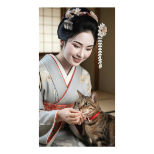 A Tortoiseshell Cat Receiving Treats from a Maiko Photo Print