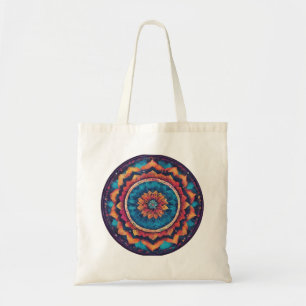A tote bag with a bold, colourful mandala pattern
