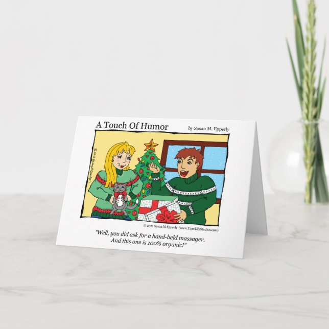 "A Touch of Humour" Hand Held Massager / Cat Comic Holiday Card (Front)