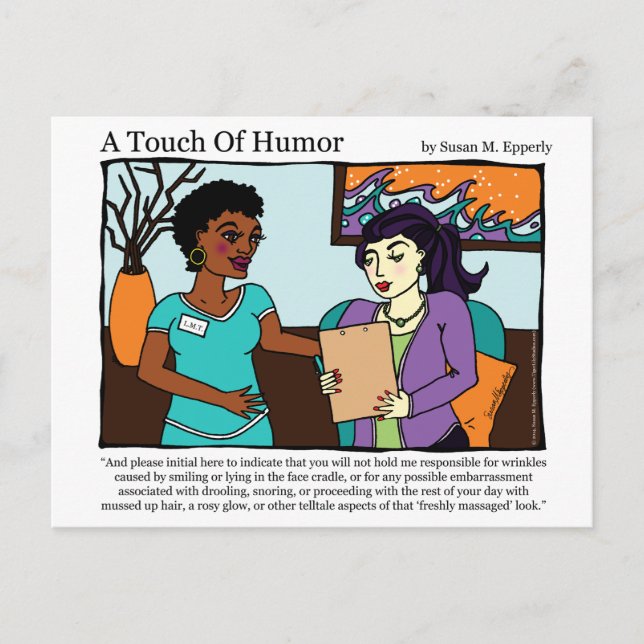 "A Touch of Humour" Massage Informed Consent Comic Postcard (Front)