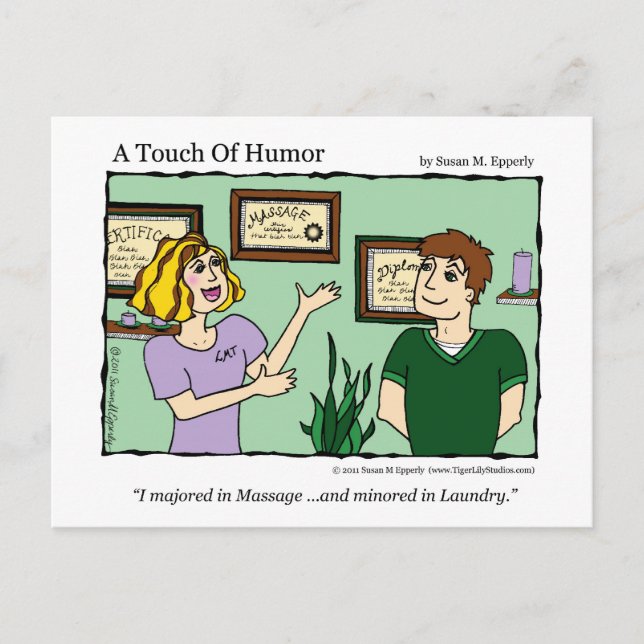 "A Touch of Humour" Massage / Laundry Comic Mug Postcard (Front)