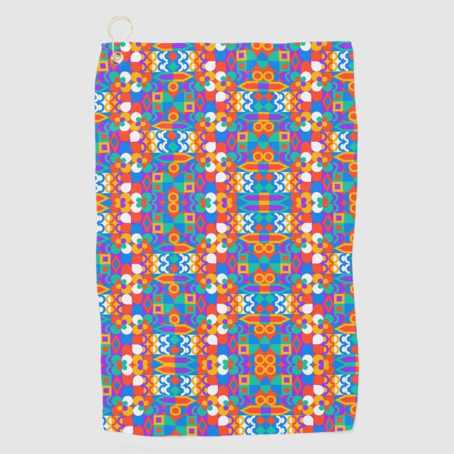 A towel with a vibrant colorful geometric pattern (Front)