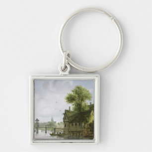 A Town on a river with a bridge Keychain