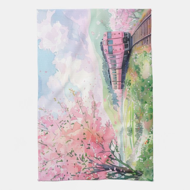 A Train in Springtime Kitchen Towel (Vertical)
