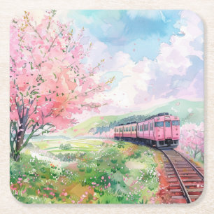 A Train in Springtime Square Paper Coaster
