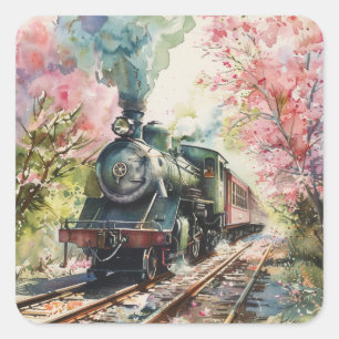 A Train in Springtime Square Sticker