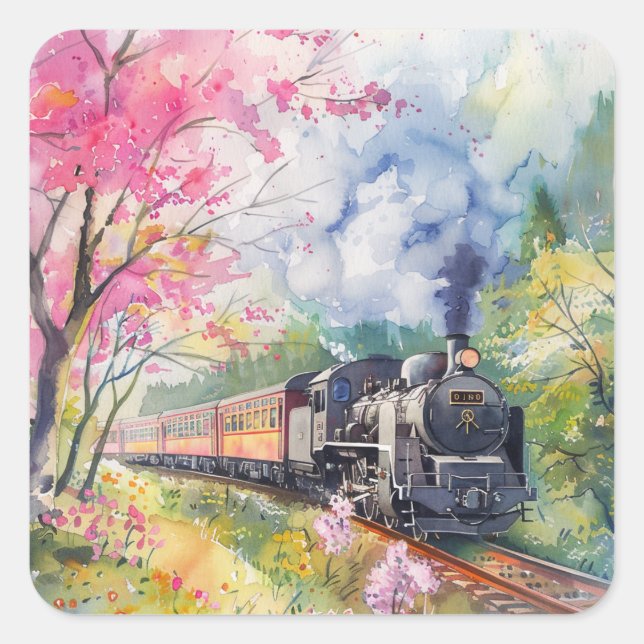 A Train in Springtime Square Sticker (Front)