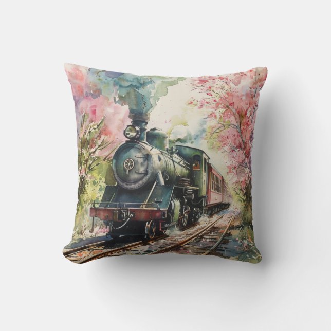 A Train in Springtime Throw Pillow (Front)