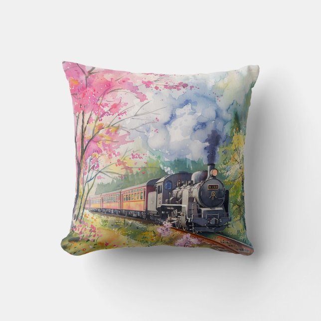 A Train in Springtime Throw Pillow (Front)