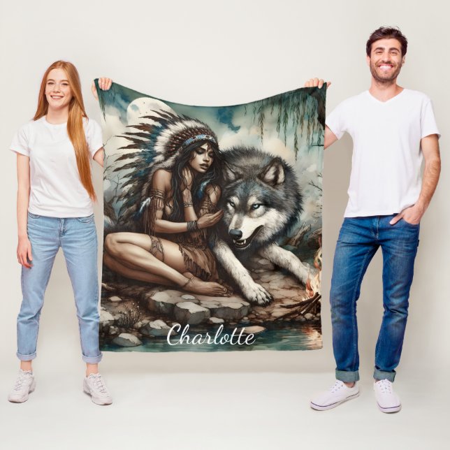 A tranquil bond between a native Indian and a wolf Fleece Blanket (In Situ)