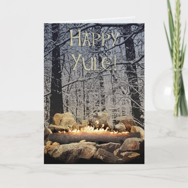 A Tranquil Burning Yule Log in a Snowy Forest Holiday Card (Front)