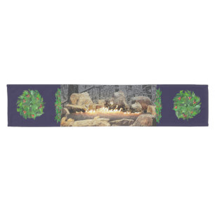 A Tranquil Burning Yule Log  with Holly Wreaths Short Table Runner