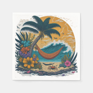 a tranquil scene of a beach with palm trees  napkin