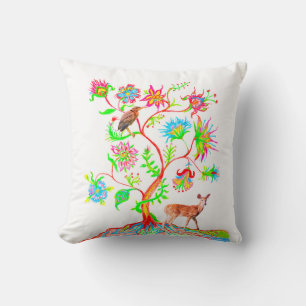 A Tree of Life, a Bird, and a Fawn Throw Pillow