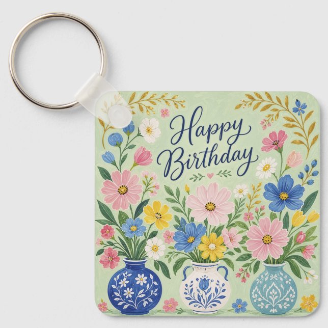 A Trio of Birthday Blooms Keychain (Front)