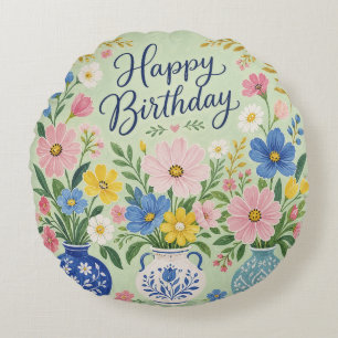 A Trio of Birthday Blooms Round Pillow